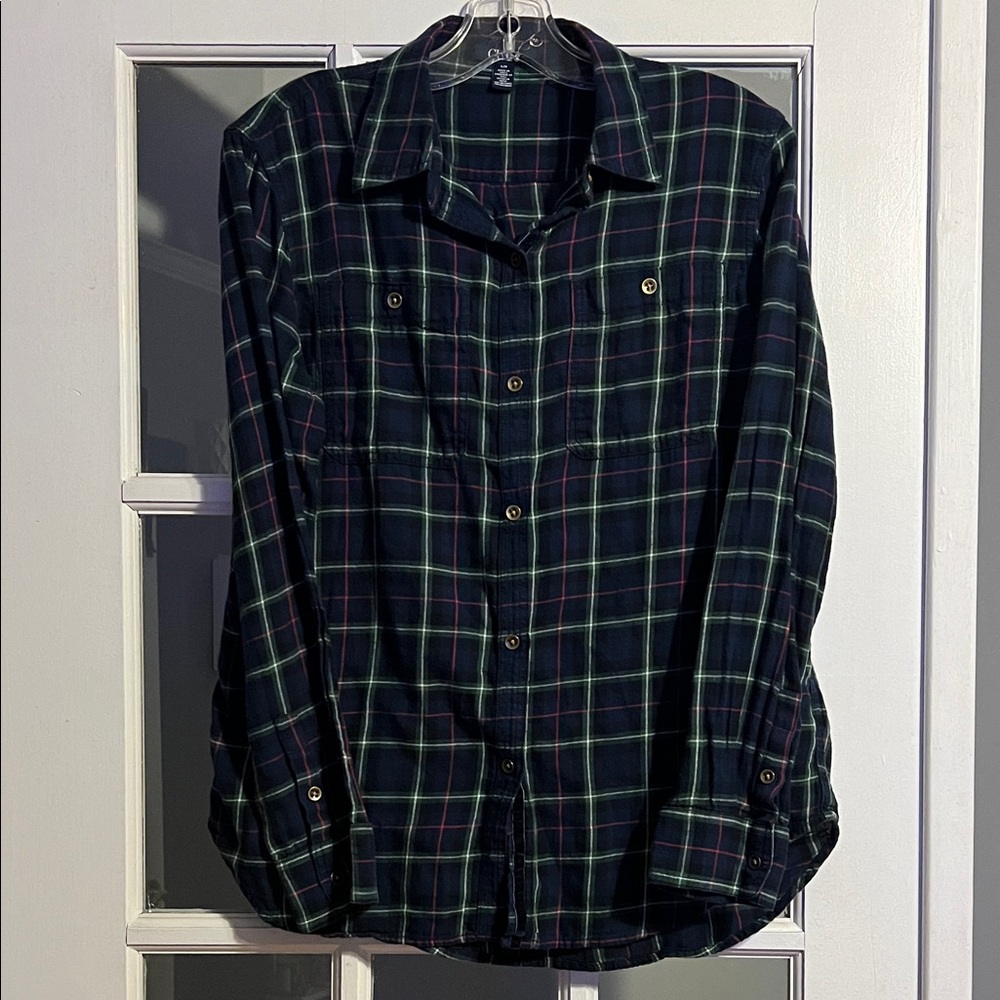 4/$20 Chaps Navy and Green Plaid Women's Button Down Shirt